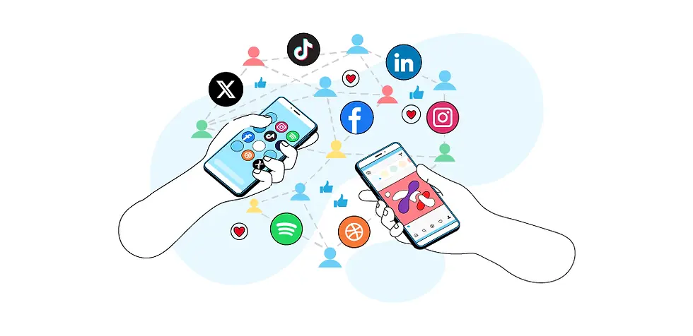 Two hands holding smartphones with social media app icons. Background features connected user icons and floating likes, colorful and digital.