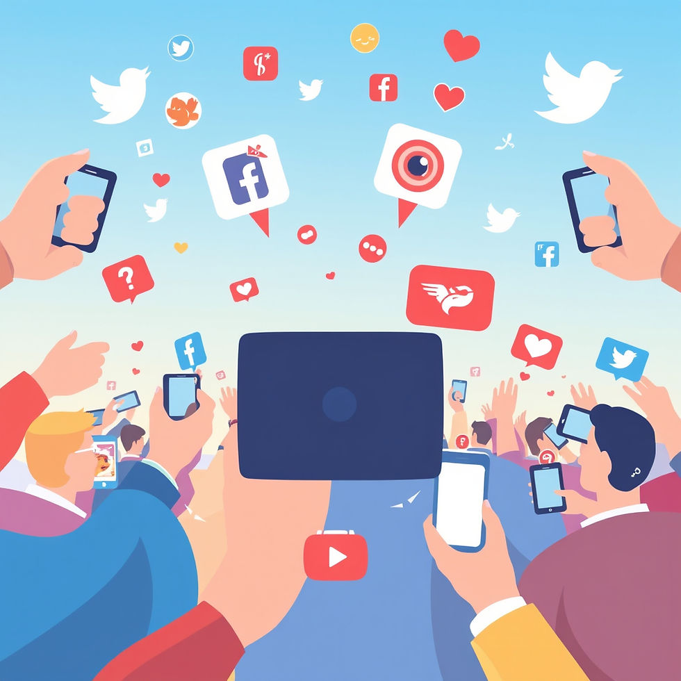Crowd holding smartphones up to floating social media icons and hearts in a bright blue sky, showing energetic online sharing