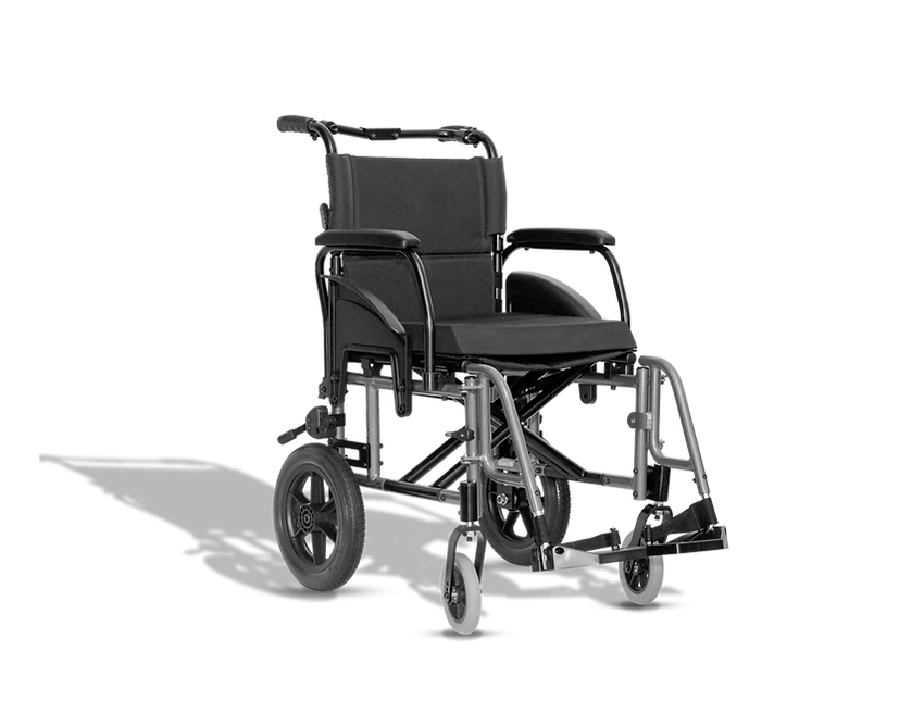 Cadeira de rodas ULX Transit com rodas traseiras pequenas, projetada para transporte rápido e assistência por acompanhantes.