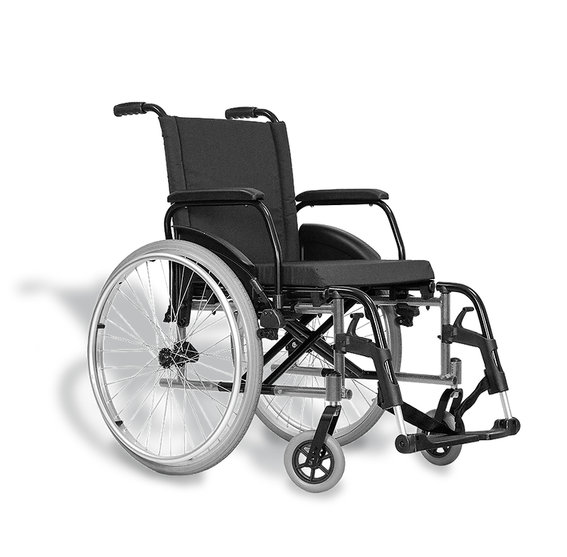 Cadeira de rodas K2 com design dobrável, estrutura compacta e apoio de pernas ajustável.