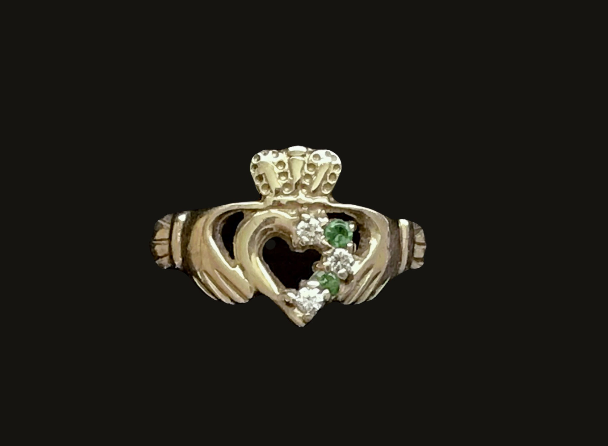 10K Gold Claddagh Ring with Green and Clear Stones