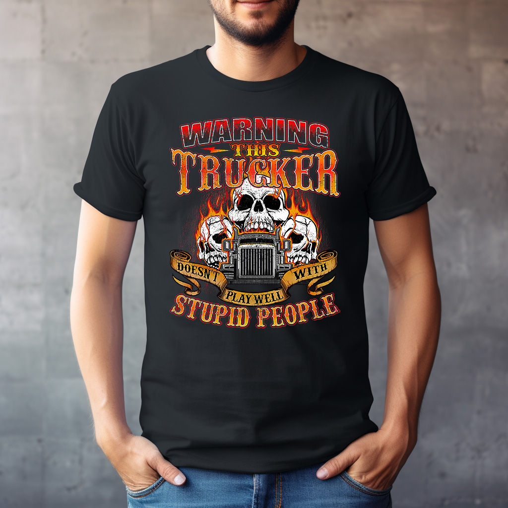 Trucker Warning Tee – Skull & Flames Edition