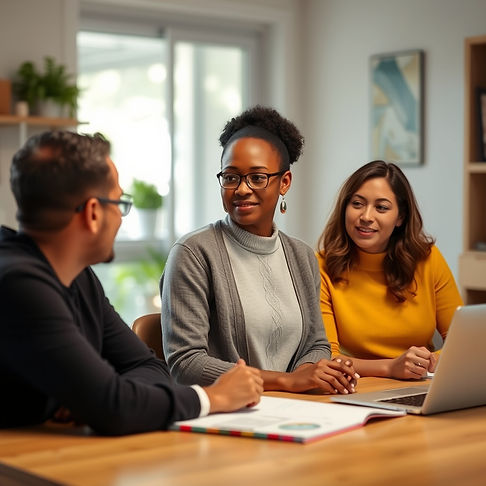 mid thirties woman of color sitting at a table with two parents in their thirties as they