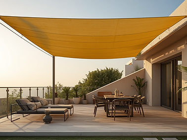 5m x 3m rectangular shade sail installed above a relaxed seating area