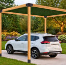 Modern wood pergola shades white SUV