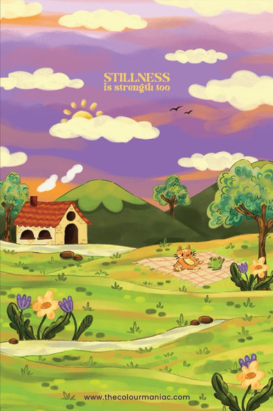 children's book illustration moutain home with animals loose watercolour style sunset