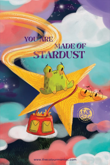 children's book illustration with stars and clouds and animals frog loose watercolour gouache style