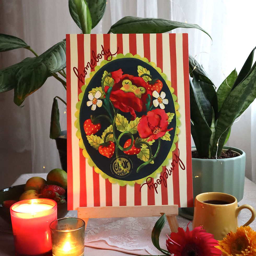 Aesthetic relaxation poster postcard with frog in floral nest and strawberry