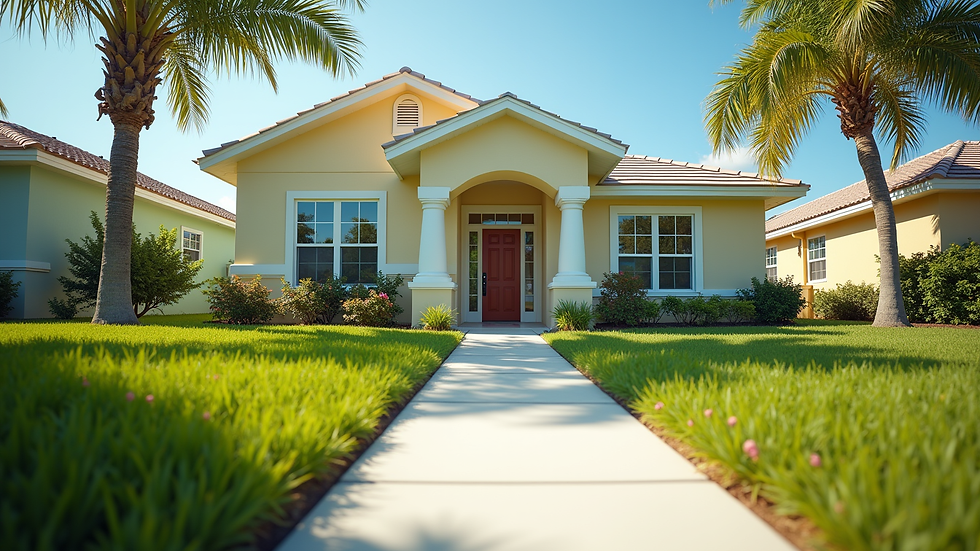 Eye-level view of a freshly painted Florida home exterior under bright sunlight