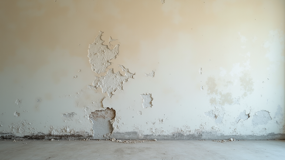 Close-up view of damaged drywall with water stains and peeling paint