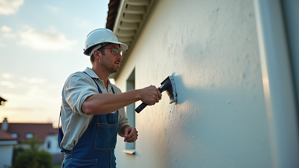 High angle view of painter applying primer on house exterior