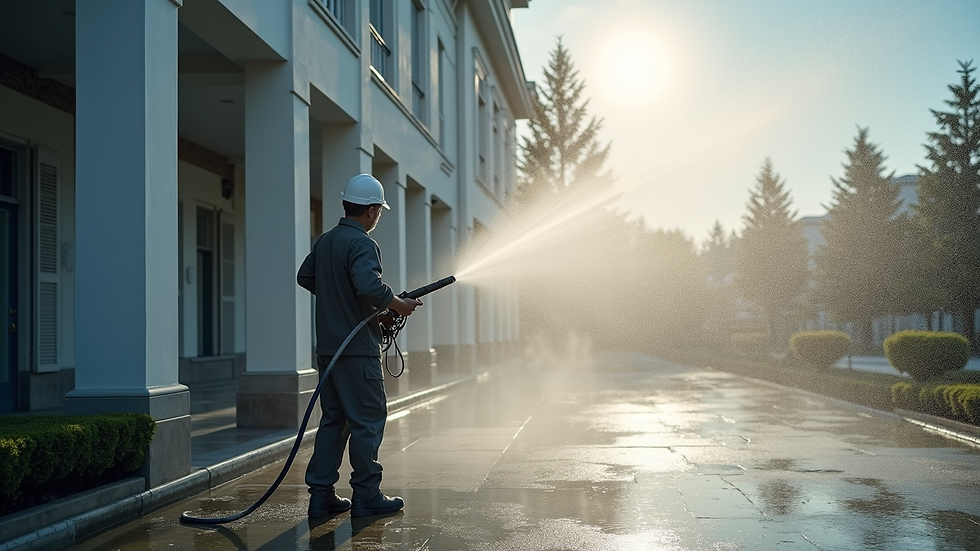High angle view of a professional pressure cleaner washing a building exterior