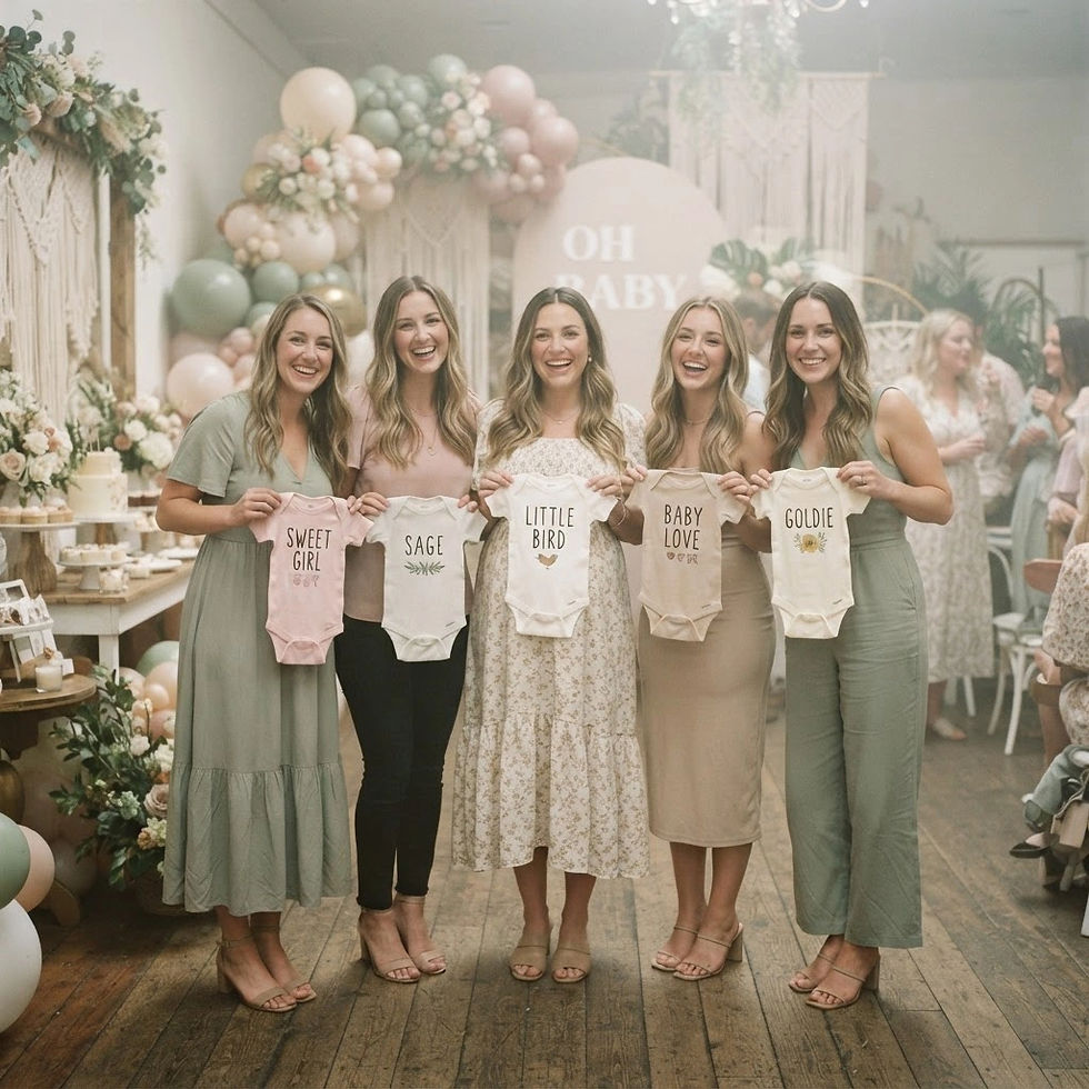 Five women holding custom baby shower onesie station designs
