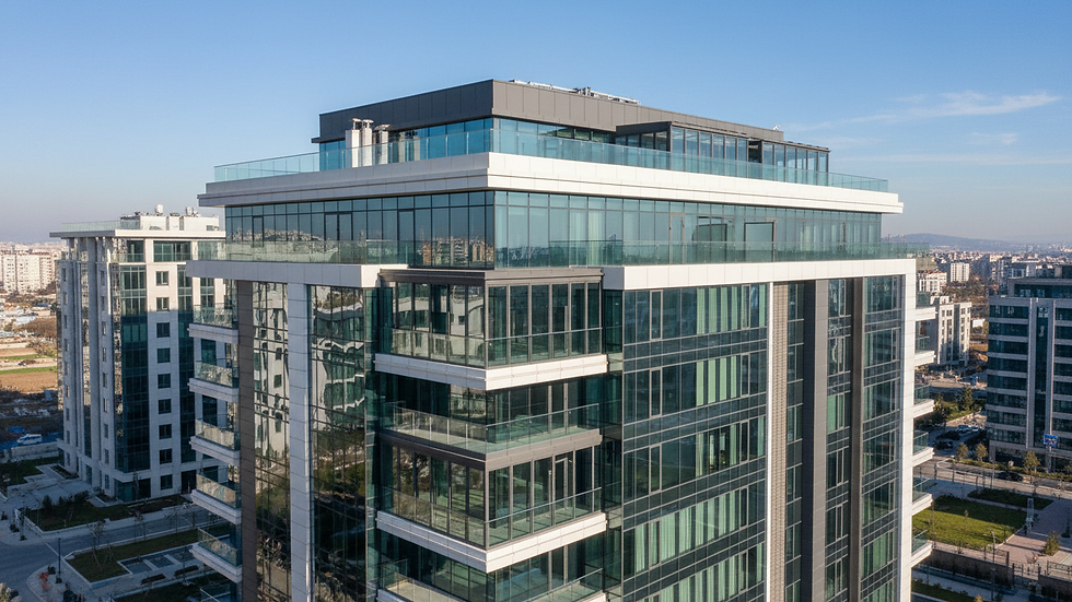 Yüksek açıdan modern ofis binası dış cephesi