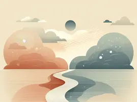 Minimal artistic illustration representing mental wellness, showing a winding path through layered clouds with floating orbs and gentle waves symbolizing thoughts, emotions, and balance. Calm warm and cool tones with negative space, conveying introspection and the spectrum of mental health.