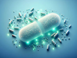 Conceptual illustration of antibiotics targeting a bacterial cell, symbolized by glowing molecules interacting with a soft, translucent bacterial silhouette. Minimal, modern science illustration in cool blues and greens, representing the mechanism of action of antibiotics.