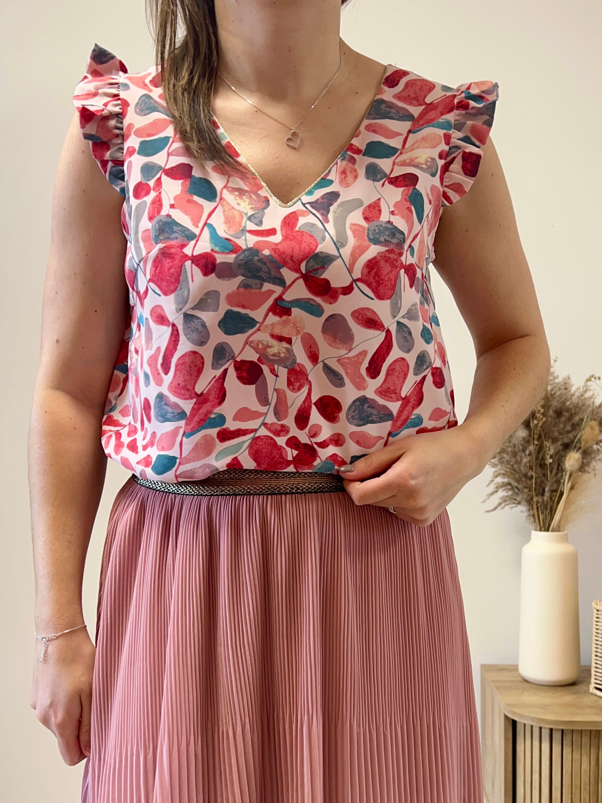 Blouse fleurie rose/rouge col V MAGNOLIA