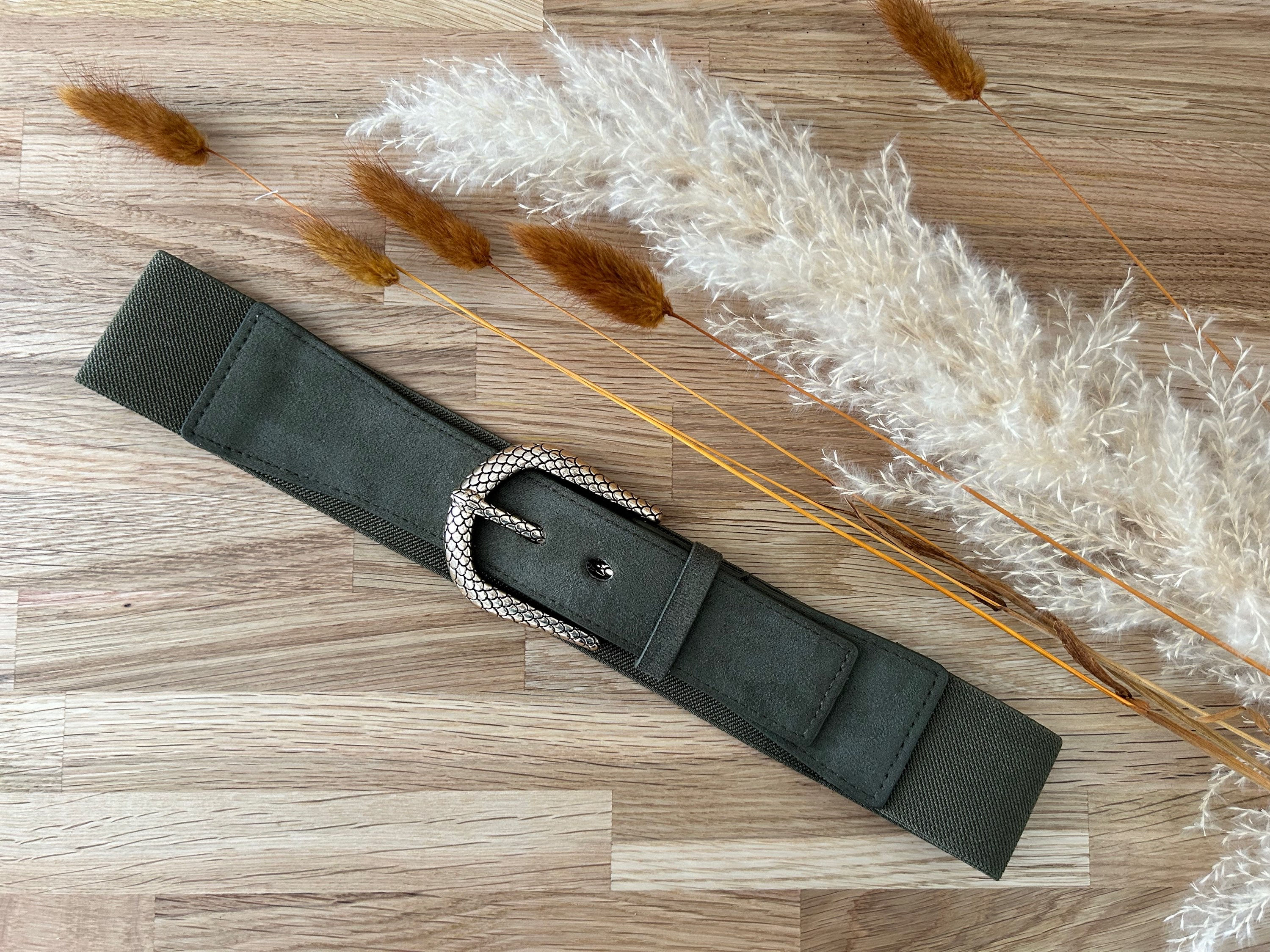 Ceinture élastique kaki boucle serpent PLUME 