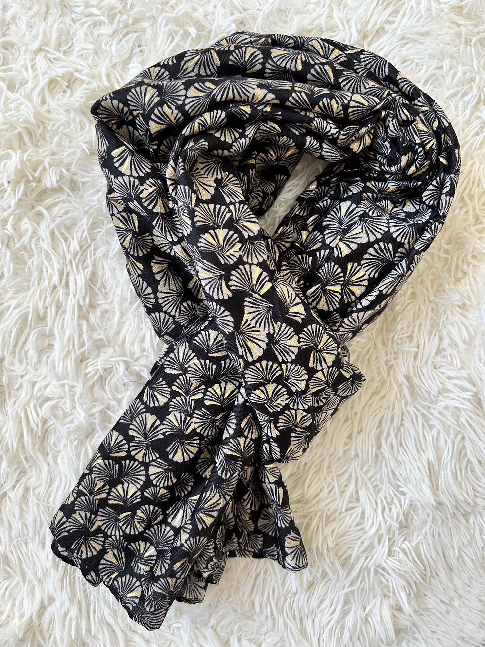 Miniature : Foulard noir motif éventail ecru/doré ALOE