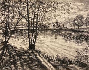 artist laura kinlock, charcoal and watercolor, stafford mill pond, landscape