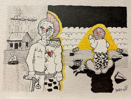 pen and ink, artist, dennis davey, clown, old age