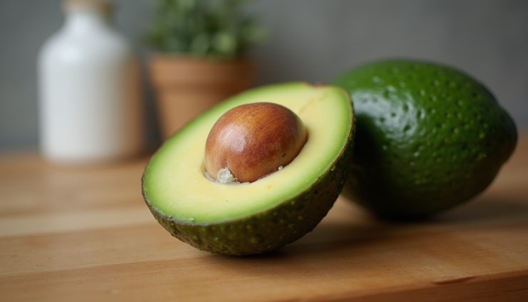 Vue rapprochée d’un avocat parfaitement mûr posé sur un comptoir en bois