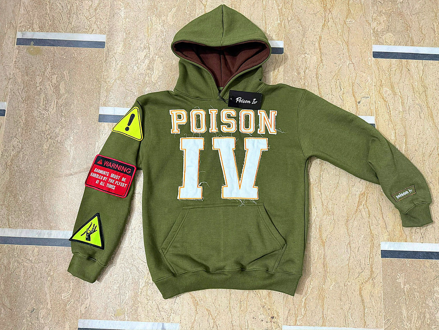 Distressed Caution Hoodie ( Olive Green )