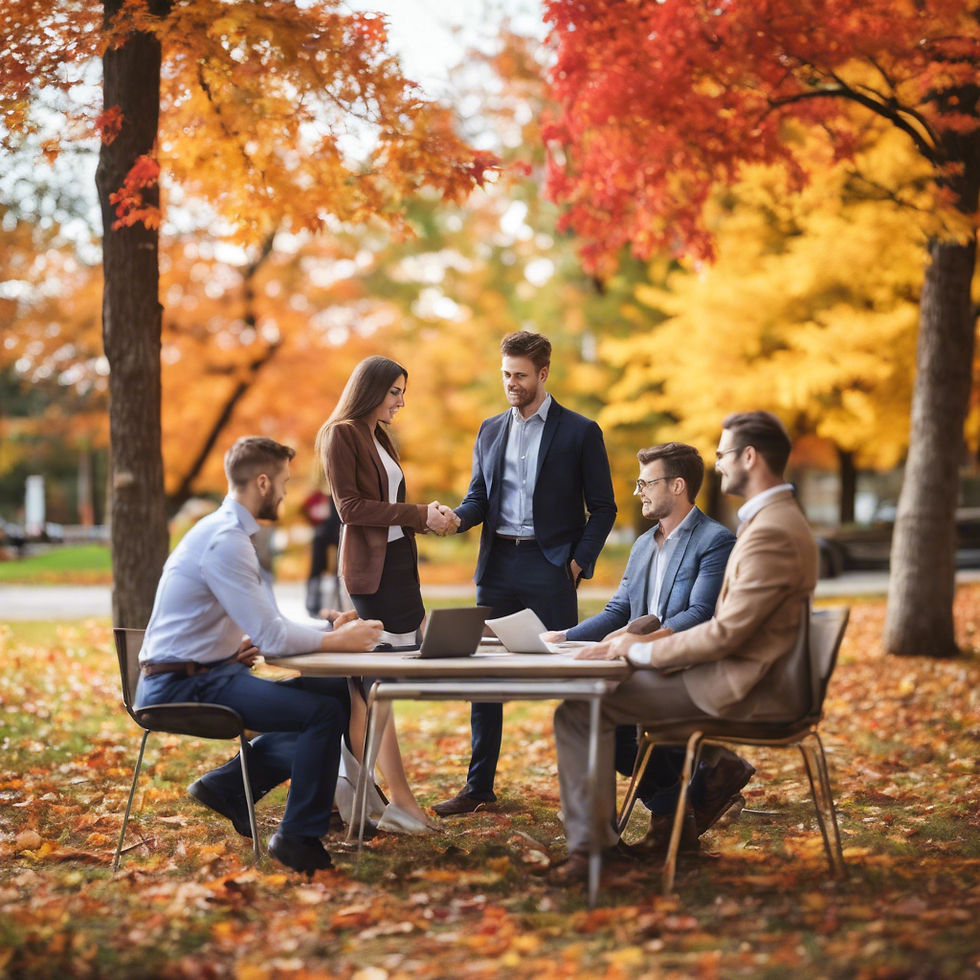 business men and women in casual clothing meeting in an outside colourful fall setting.jpg