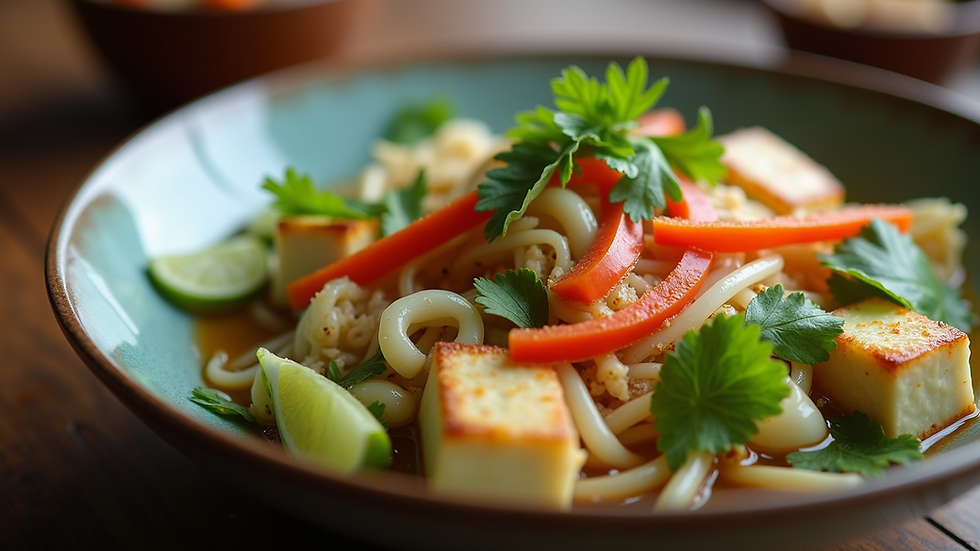 Close-up view of a traditional Vietnamese Chay dish with fresh vegetables and tofu