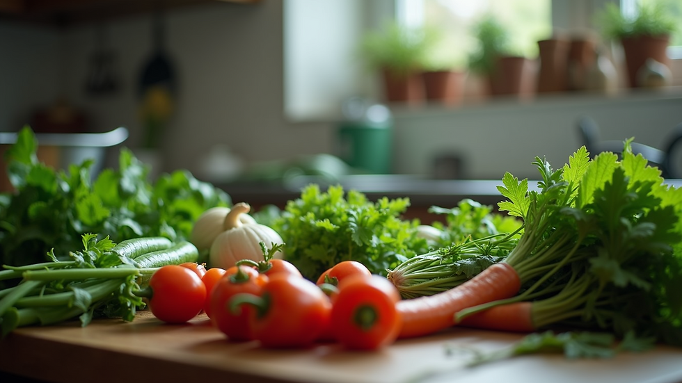 Eye-level view of a Vietnamese kitchen with fresh herbs and vegetables for Chay cooking
