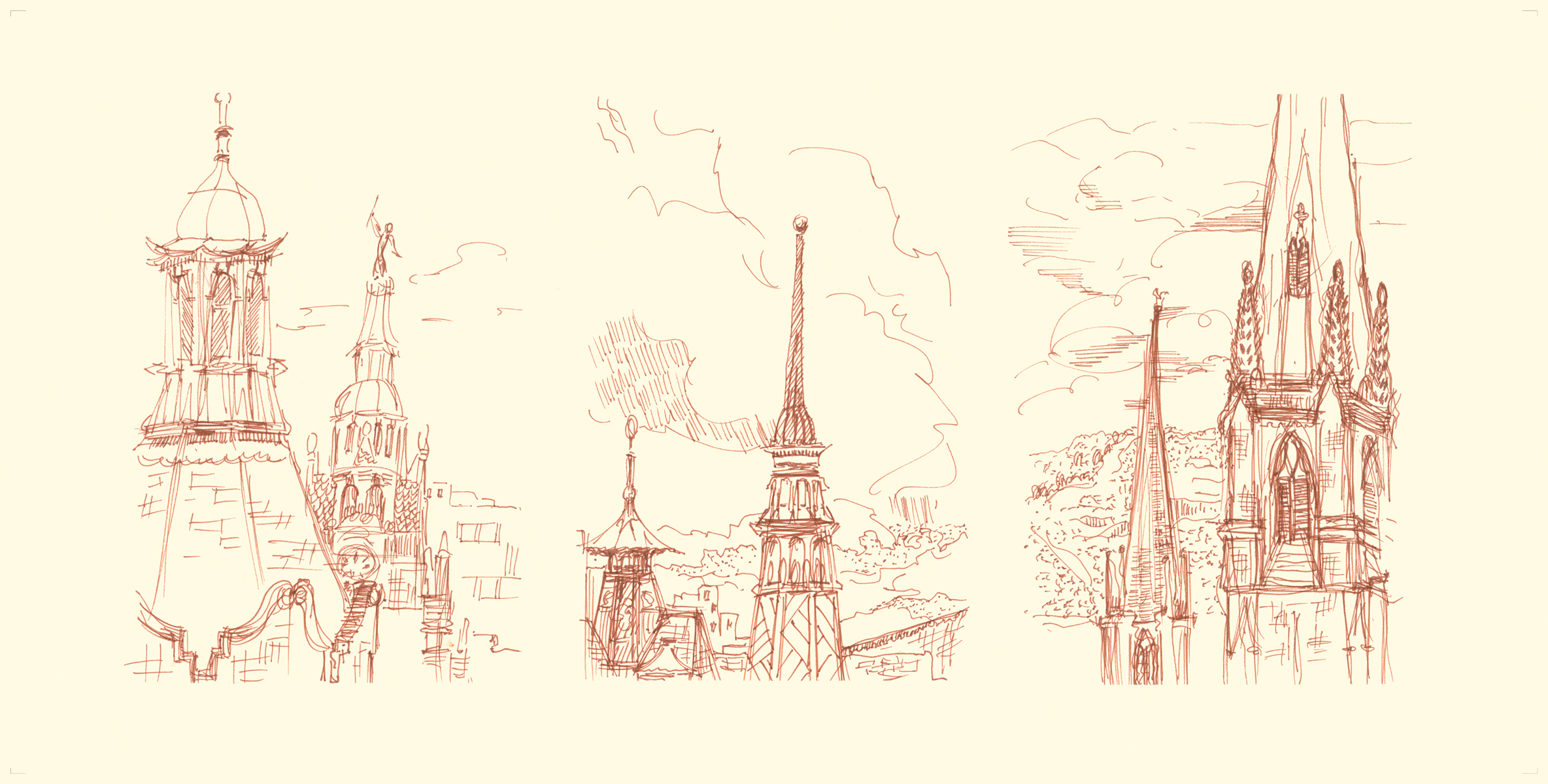 Sheffield Spires Triptyche Pen & Ink, colored pencils 18 x 43 Sold