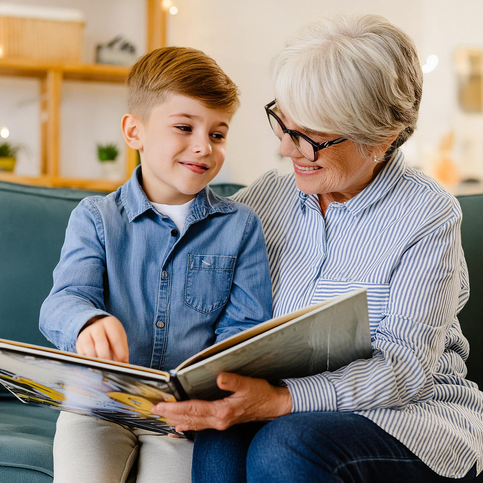Firefly Grandmother and grandchild sitting on a couch looking at a Ā photo album 91391