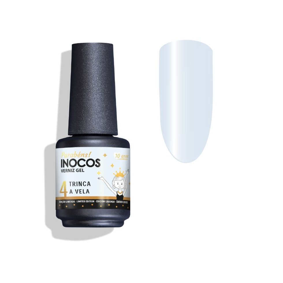 Verniz em gel Inocos 4 Trinca a Vela 15ml: frasco e amostra de cor. Ideal Produtos