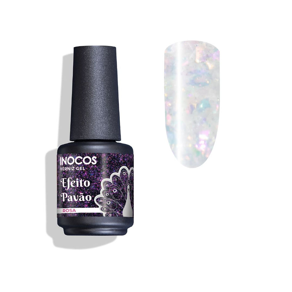 Verniz Gel Inocos Pavão Rosa: brilho perolado, frasco e unha
