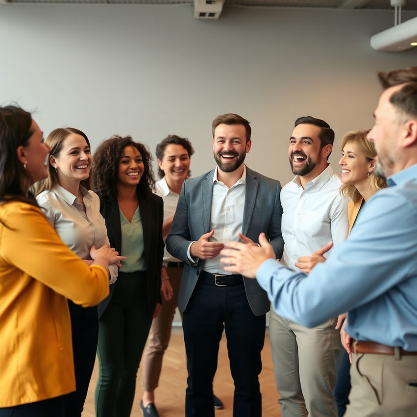 COROPORATE CO-WORKERS LAUGHING AND CLAPPING AS A TEAM BUILDING ACTIVITY WHILE STANDING IN