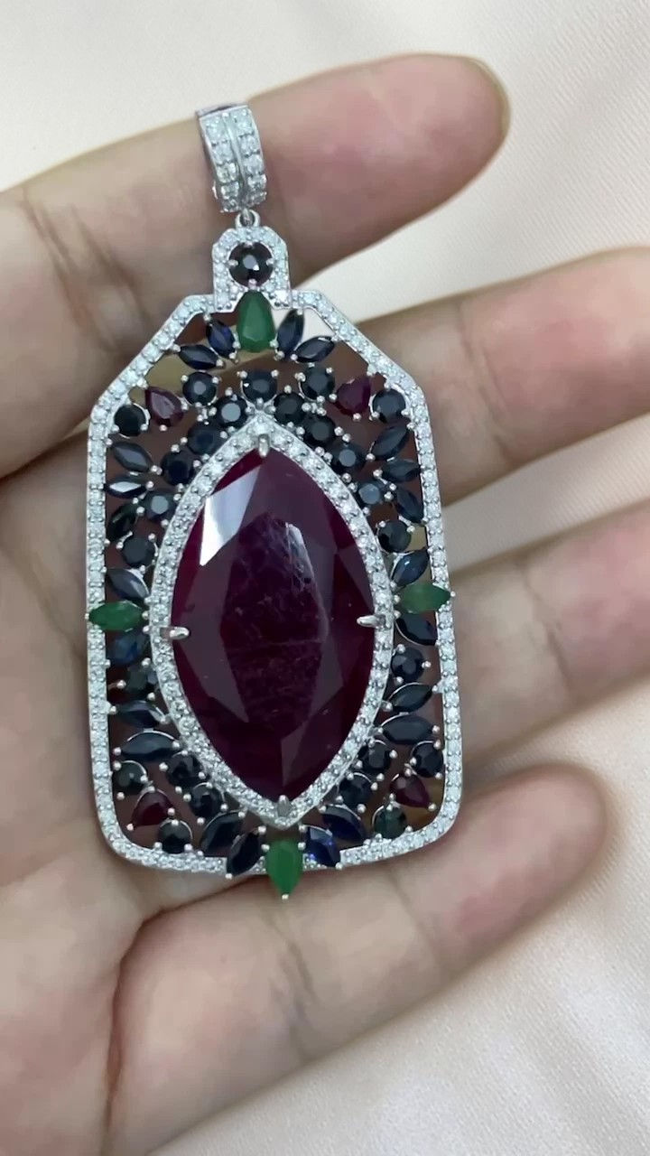 80ct Marquees Ruby and Diamond Multi Gemstone Platinum Pendant