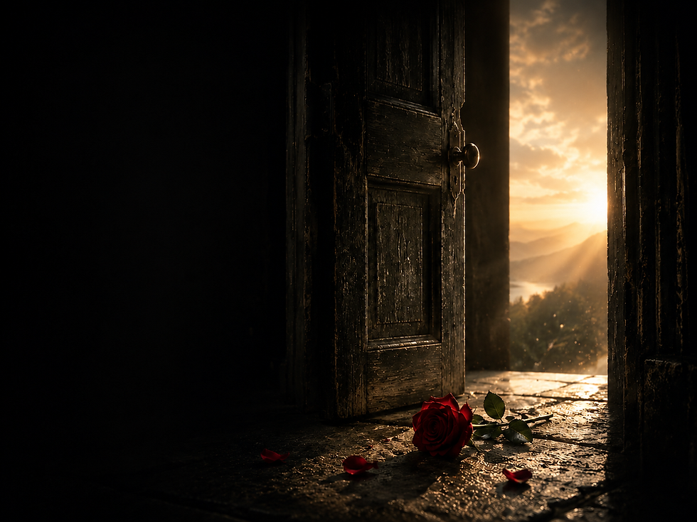 An open door with a red rose on the floor