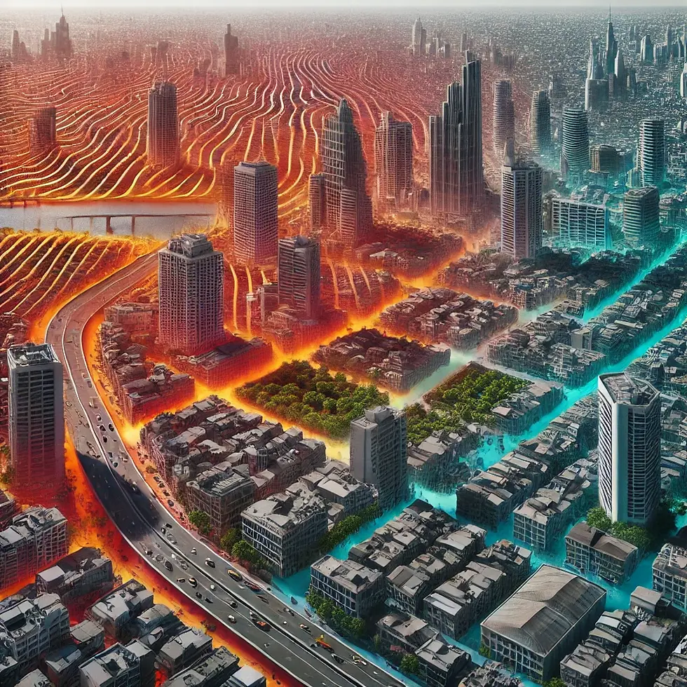 DALL·E 2025-03-09 13.20.21 - An illustrative image depicting the urban heat island effect.