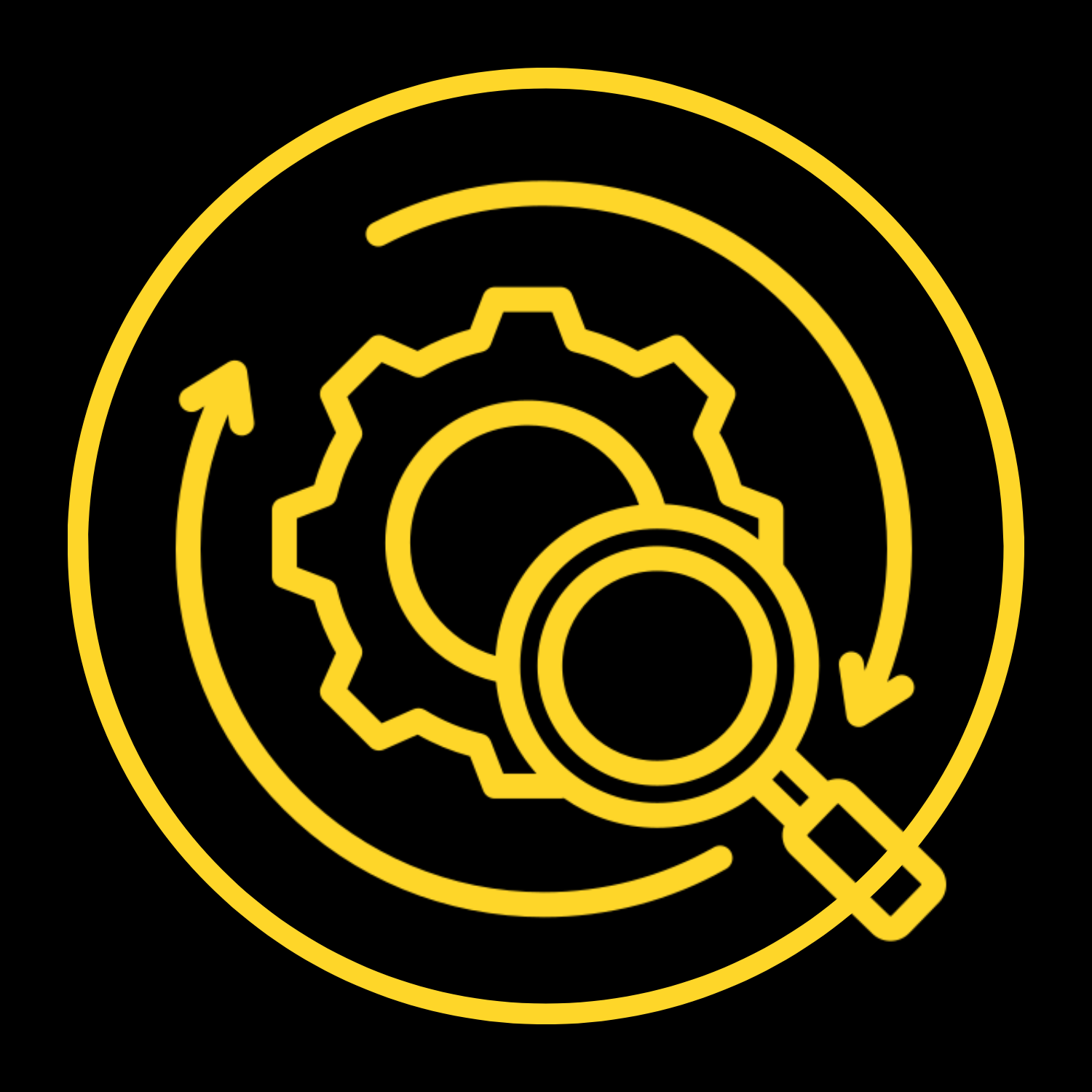 Operations Audit icon with cog in center with arrows going in circle and a magnifying lens on black background