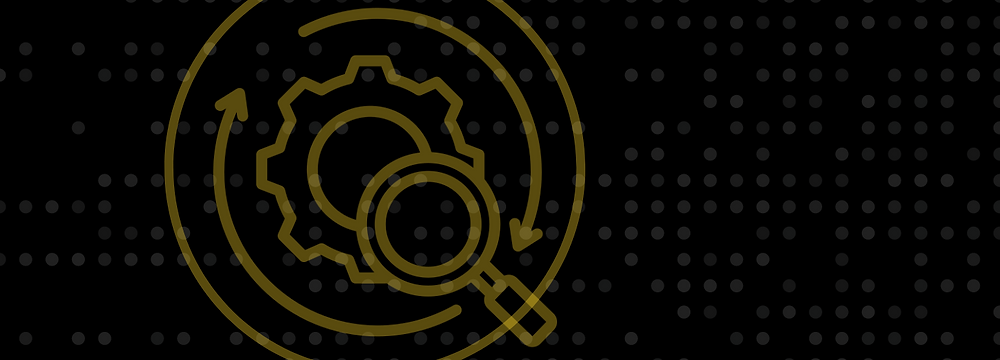 Operations Audit icon with cog in center with arrows going in circle and a magnifying lens on black background