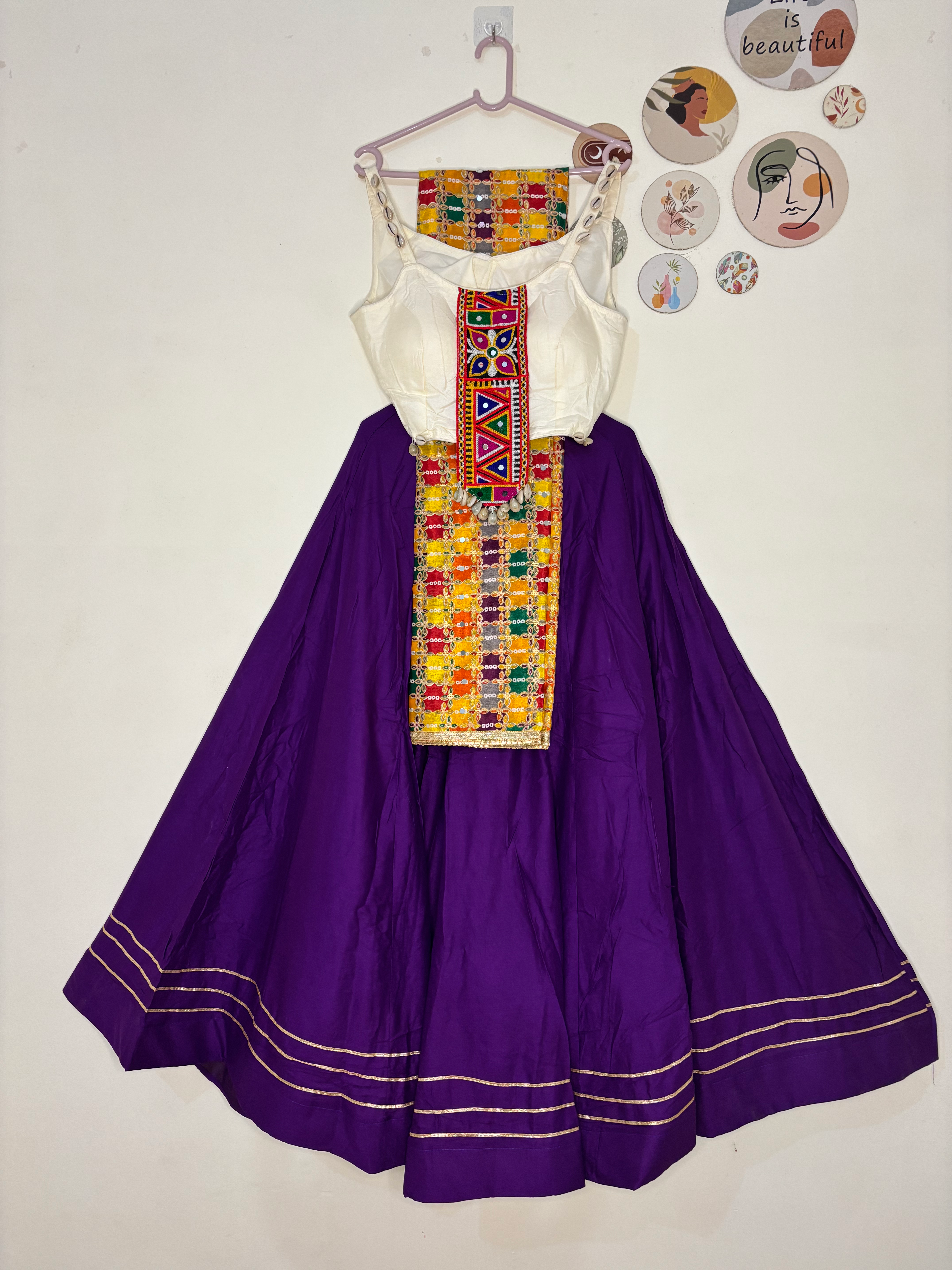 Puple Mirror Work, Chaniya, Choli Combo