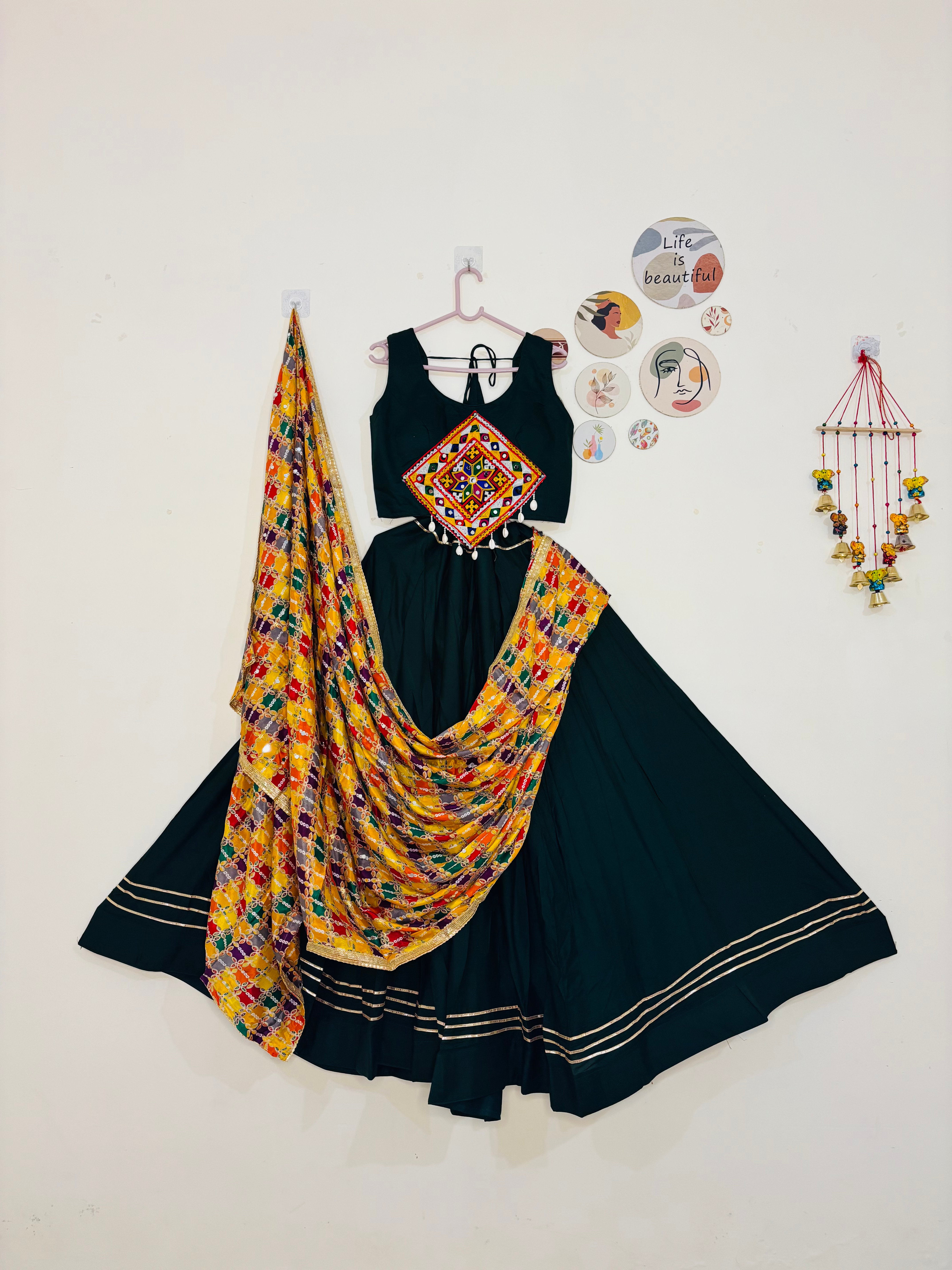 Dark Green Chaniya with Embroidered green Blouse & Yellow Mirror-Work Dupatta