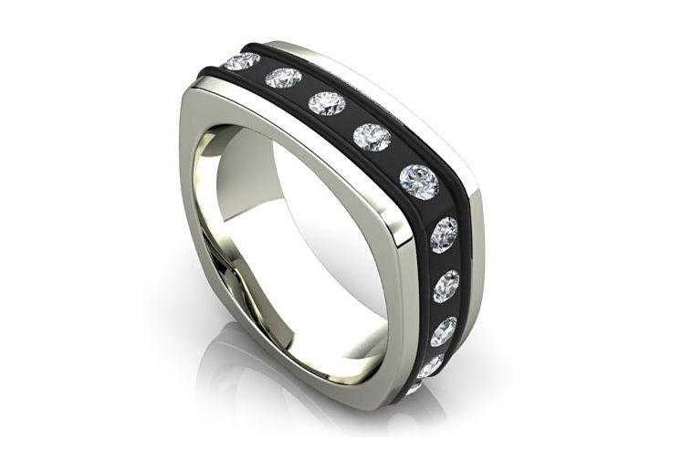 Thumbnail: 18ct White gold and Onyx gets ring bezel set with round brilliant diamonds