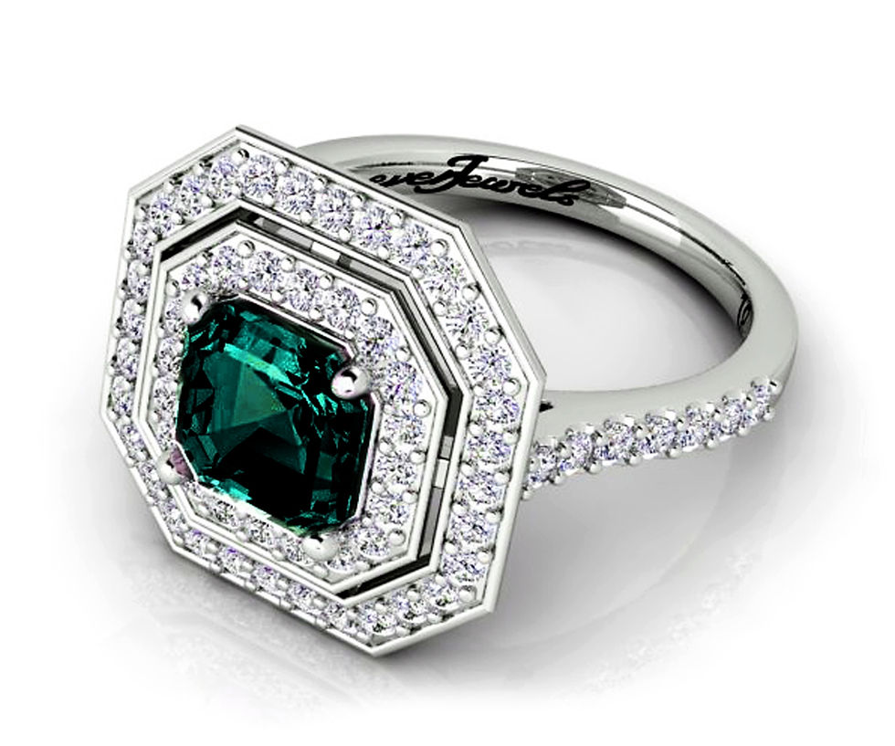 Thumbnail: 18ct White gold octagon teal sapphire with a double halo of diamonds dress ring