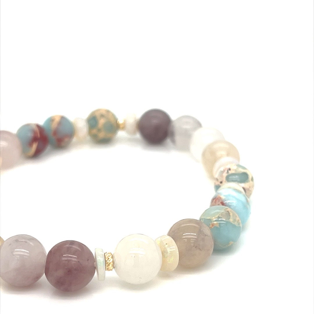 Violet Jade, Coober Pedy Opal & Jasper gold beads Bracelet 