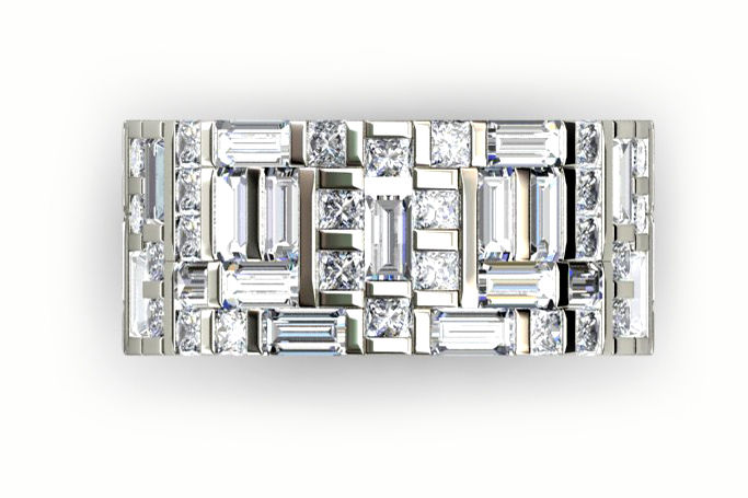 Thumbnail: 18ct White gold emerald and round brilliant diamond wedding band