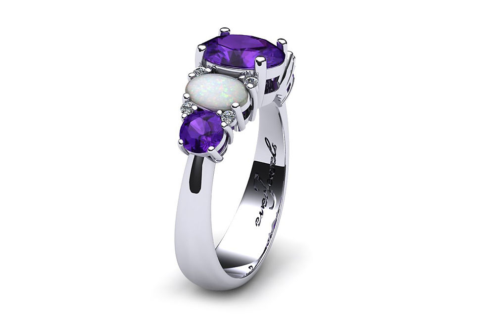 Thumbnail: 18ct white gold oval opals and purple sapphire ring claw set with diamonds