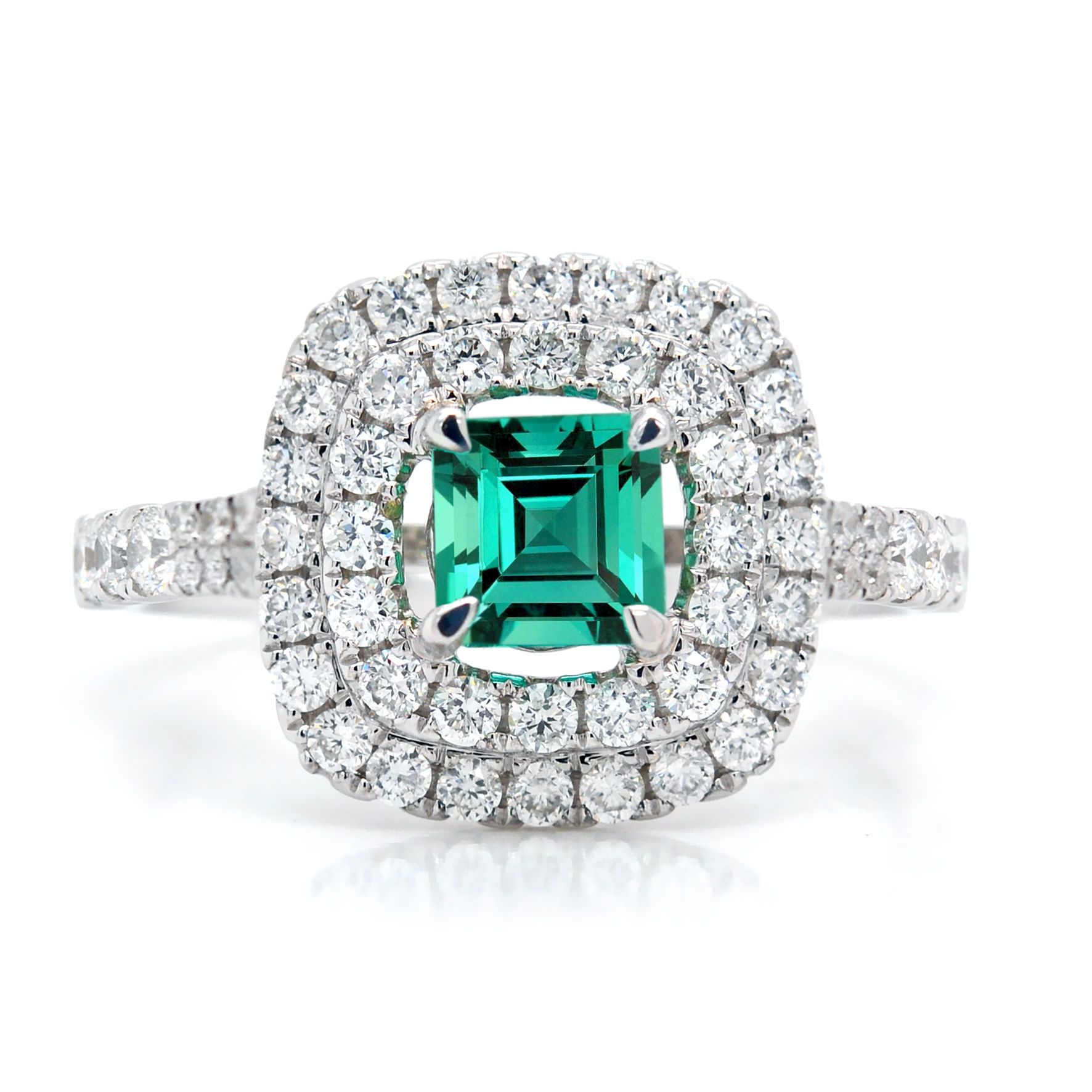 Cushion Emerald Ring &Double Diamond Halo