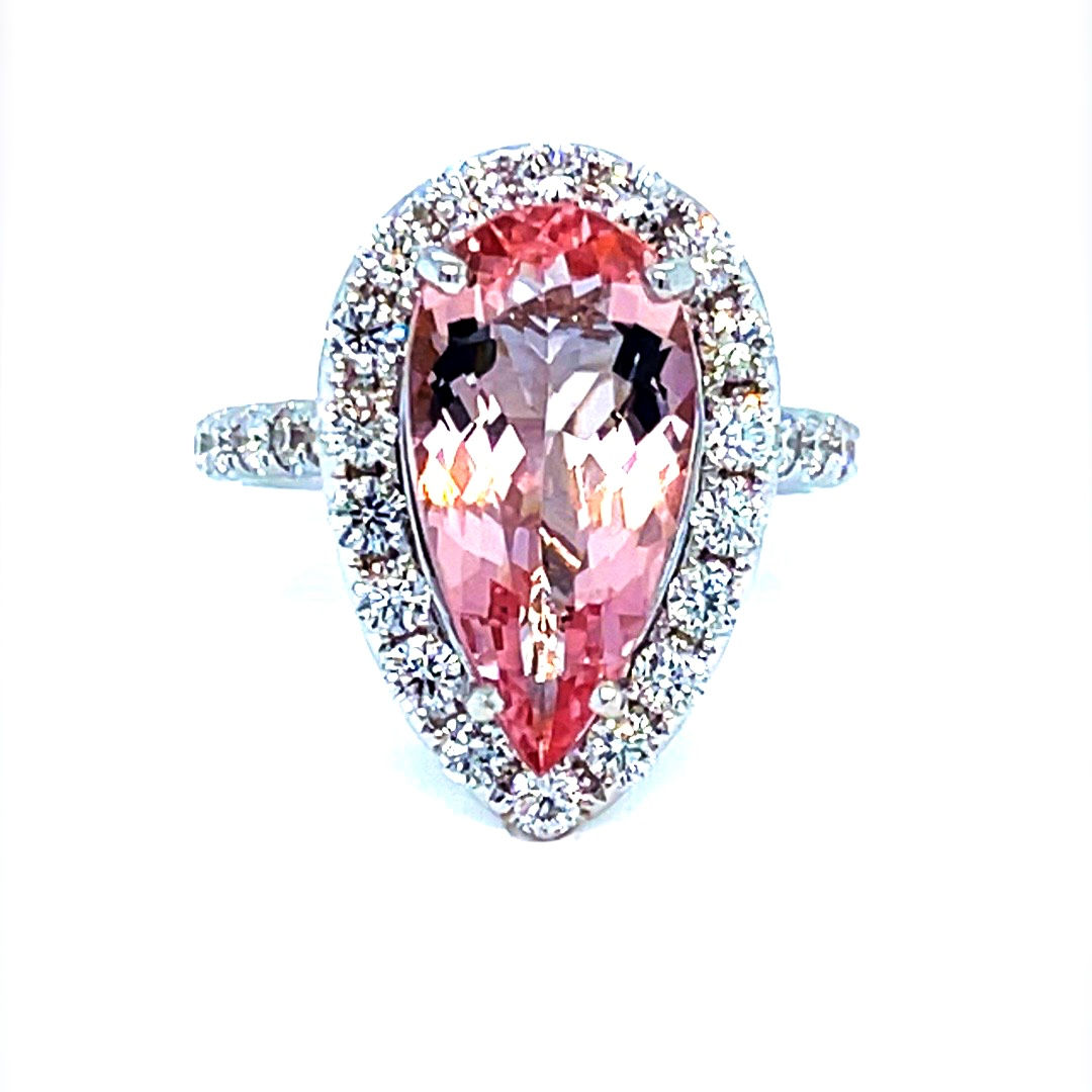 Pear shaped Morganite and Diamond Halo Ring