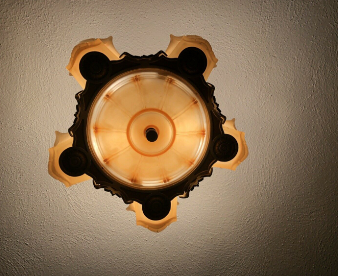 Thumbnail: Antique 1920-1930s Art Deco Amber 5 Slip Shade Chandelier Light VTG Rewired WOW!